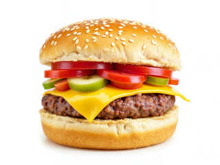 Classic hamburger with cheese, lettuce, and tomatoes on white background  