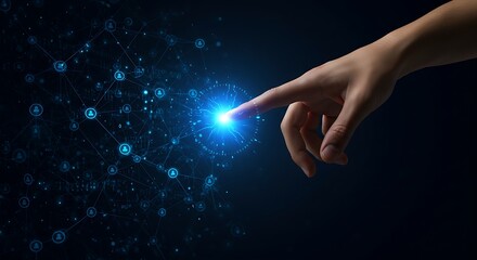 Binary data transfer. Connect internet network between application,Data integration system,fingertip connects with a dynamic network interface, representing futuristic interaction