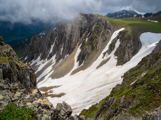 Snow drifts in the foothills of the mountains