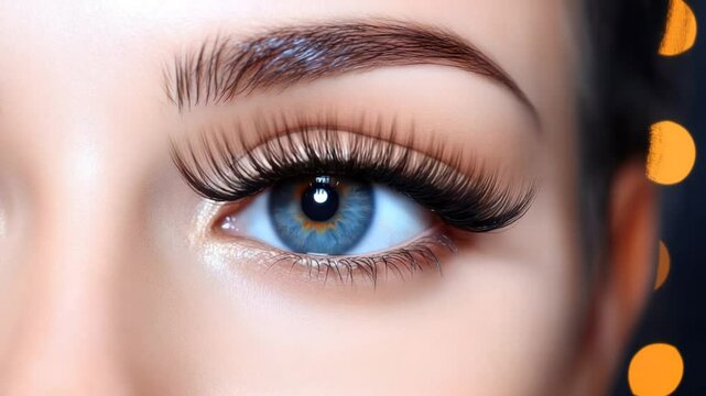 Close-up of a woman's eye with glamorous false eyelashes and light makeup