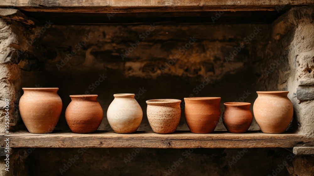 Poster a row of various traditional clay pots neatly arranged on a rustic wooden shelf evokes an atmosphere
