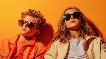 Two fashionable children wearing stylish sunglasses pose cooly against a vibrant orange backdrop, showcasing their trendy outfits and confident expressions.