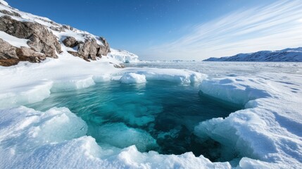 A serene winter landscape featuring glacial ice formations around a stunningly clear blue pool of water, showcasing nature's enchanting beauty and tranquility.