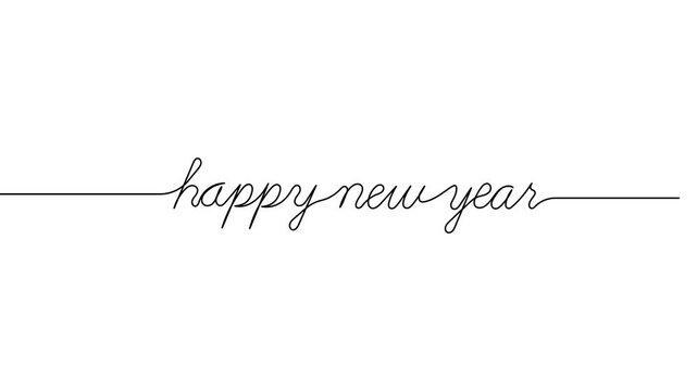 happy new year animated continuous single one line art drawn animation phrase on white black background. hand drawing of word text happy new year
