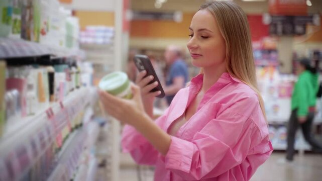 Young woman scanning in store purchases with her smartphone while shopping for groceries in a supermarket, thoughtfully choosing products from a brightly lit shelf