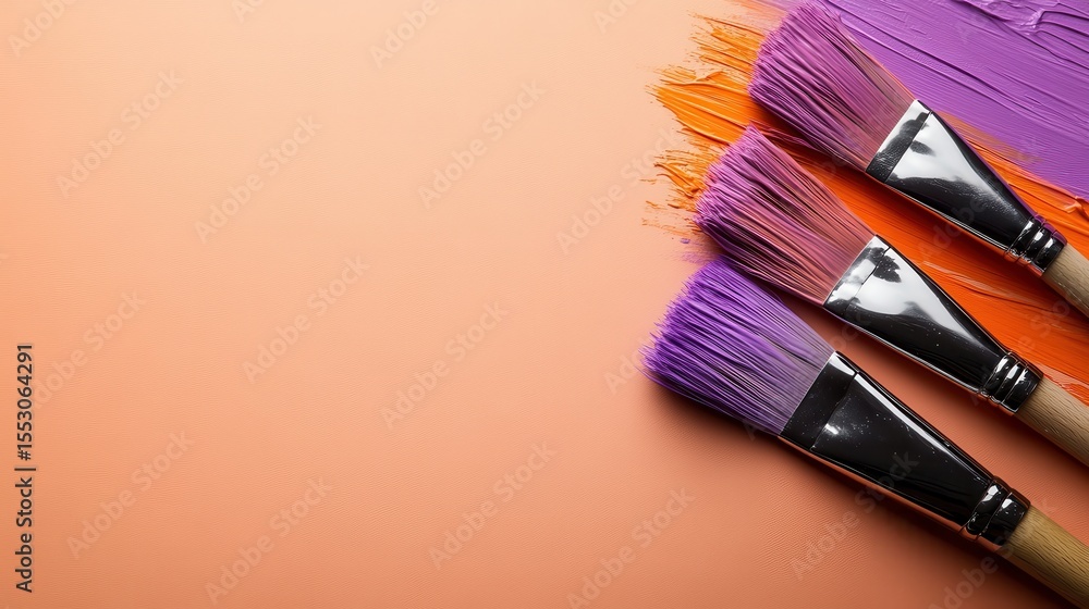 Poster three paintbrushes dipped in vibrant purple and orange paint mark a stylish imprint on a smooth canv