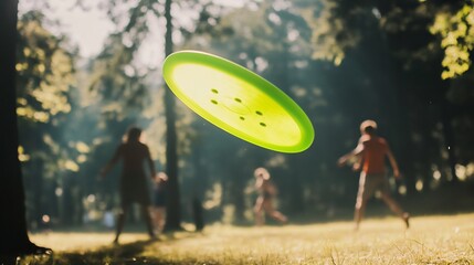 Close up of a neon green flying disc in motion surrounded by trees in a forest park with players in...