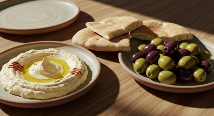 Sunlit Mediterranean Mezze: Hummus, Olives, and Pita Bread