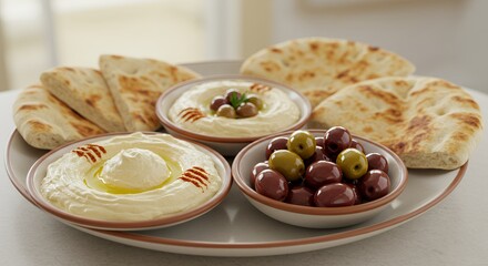 Mediterranean Mezze Platter: Hummus, Olives, and Warm Pita Bread
