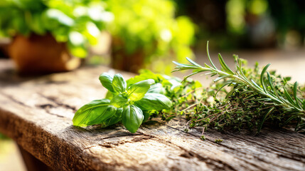 Close-up of a rustic wooden garden table with freshly picked herbs including basil, rosemary and thyme, bright natural sunlight, cozy countryside atmosphere