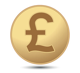 Gold coin, British pound. British pound sign.