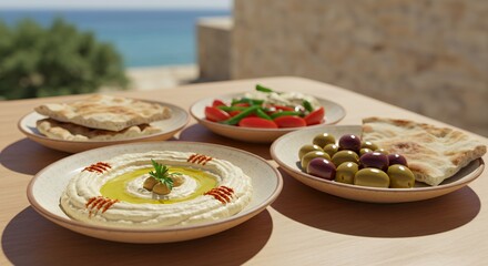 Mediterranean Mezze Platter: Sun-drenched Hummus, Olives, and Pita Bread