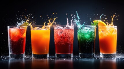 A stunning array of colorful drinks is showcased, with splashes and bubbles adding a lively and refreshing aspect to this enticing beverage presentation.