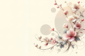Stylized floral arrangement, winding branch adorned with pink and white blossoms and buds, circular shapes in the background, dreamy, ethereal, delicate, artistic aesthetic, harmonious. Springtime