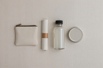 Zero Waste Travel Kit Flat Lay and Eco Essentials on Beige Background