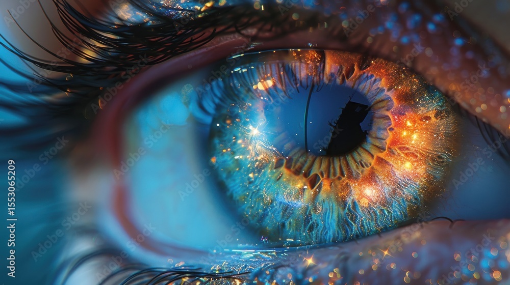 Poster this artistic close-up of an eye reflects a blend of vibrant colors and sparkling details, inviting 