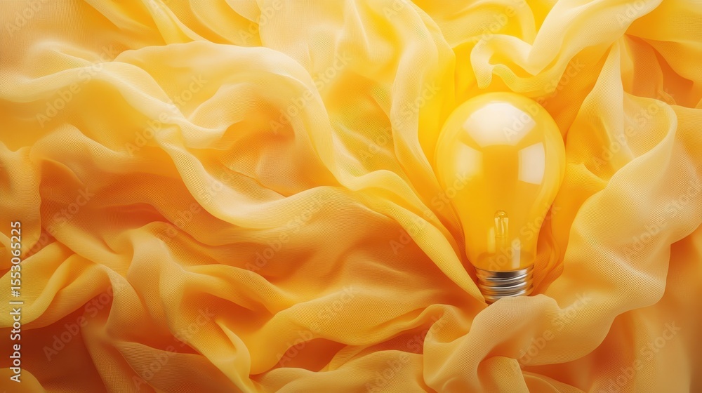 Poster an artistic portrayal of a glowing yellow light bulb surrounded by flowing fabric, symbolizing creat