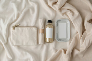 Zero Waste Travel Kit Flat Lay and Eco Essentials on Beige Background