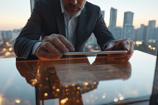 Businessman using digital tablet in modern office at night, working with futuristic interface