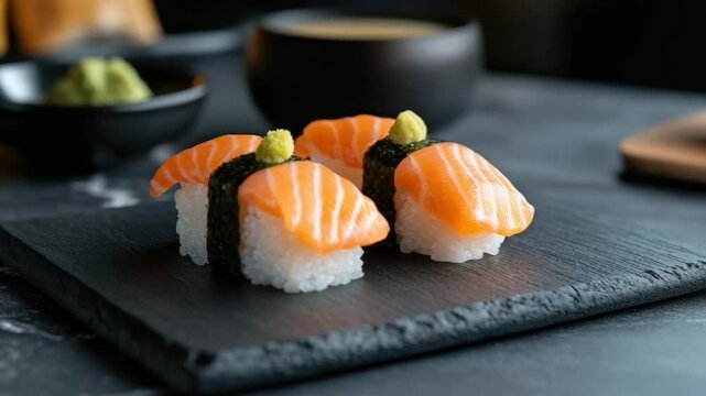Salmon sushi with rice and seaweed on black slate plate fresh Japanese seafood with wasabi delicious colorful traditional meal served on dark table perfect seafood cuisine