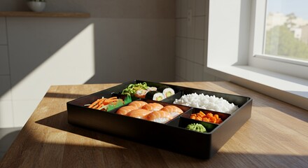 Sunlit Bento Box: A Delicious and Appetising Sushi Lunch