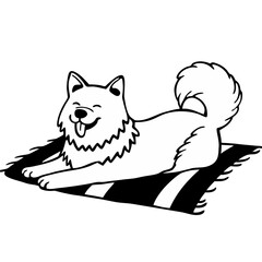 Cartoon Style Fluffy Dog Relaxing on Mat – Black and White Vector Illustration