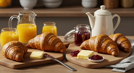 Golden croissants, fresh orange juice, and berry jam create a delightful breakfast scene.