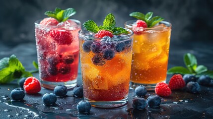 An enticing trio of refreshing drinks, featuring vibrant berries and mint, capturing the essence of summer, perfect for beverage promotion or culinary inspiration.