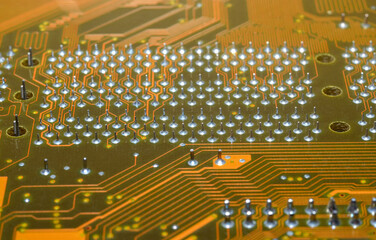 Printed circuit board with electronic components close up for science and technology project,...