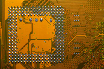 Printed circuit board with electronic components close up for science and technology project,...