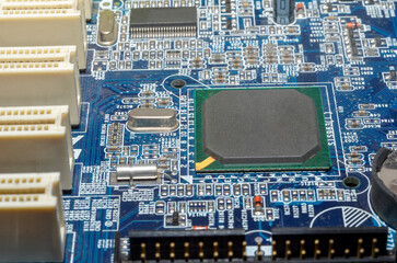 Printed circuit board with electronic components close up for science and technology project,...