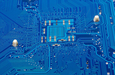 Printed circuit board with electronic components close up for science and technology project,...