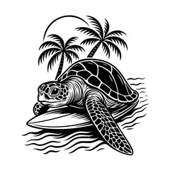 Meeresschildkröte am Strand mit Palmen. Wunderschönes schwarz-weiß Tattoo-Design, inspiriert von Natur und Meer. Perfekt für Strandliebhaber, Meerestiere und sommerliche Tattoo-Fans.