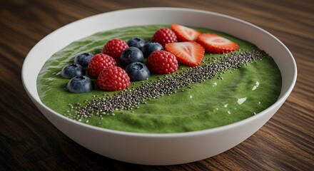 Vibrant Green Smoothie Bowl Topped with Berries and Chia Seeds