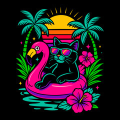 Sommerliches Katzen Design mit Flamingo. Cooles Tropical-Motiv mit Sonnenuntergang, Palmen und Hibiskusblüten. Perfekt für Katzenliebhaber, Sommer, Urlaub und tropische Vibes.  © christine krahl