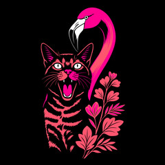 Katze mit Flamingo und Blumen auf schwarzem Hintergrund. Modernes, farbenfrohes Design, ideal für Katzenliebhaber, tropische Tiere und trendige Sommermotive. 