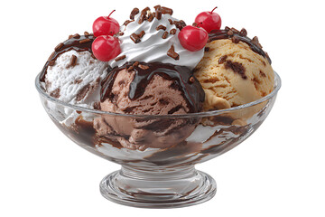 Delicious ice cream sundae with chocolate sauce whipped cream and cherries in a glass bowl