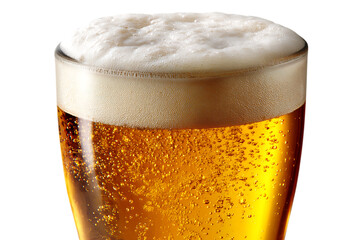 Close up of a refreshing glass of golden beer with a thick frothy head and rising bubbles
