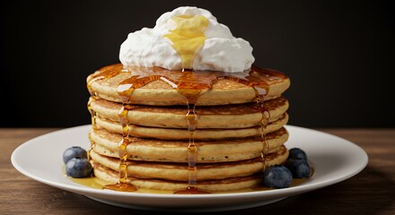 Golden Pancakes Drizzled with Honey and Topped with Whipped Cream