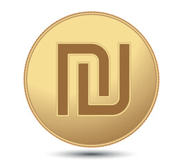 Gold coin with Israel shekel sign.