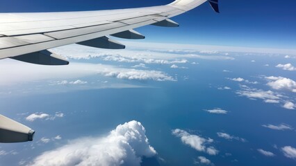 Obraz premium Airplane wing flying above the clouds over the ocean under a deep blue sky