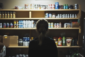Woman inside emergency underground food storage room 