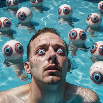 Man with blue eyes experiencing scopophobia in swimming pool with plastic eyeballs