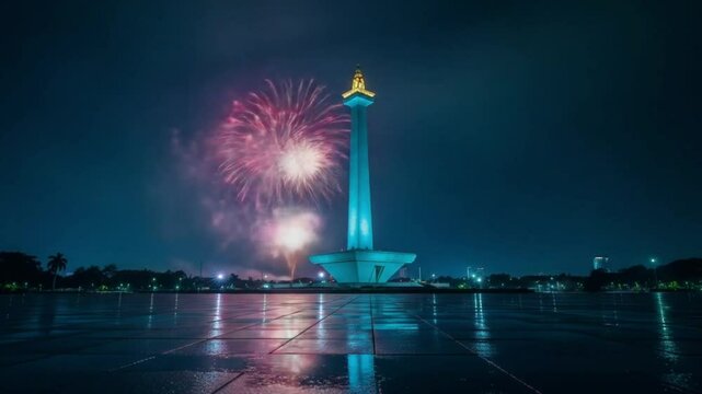Monas monument illuminated at night with fireworks in the background, reflecting on the ground.