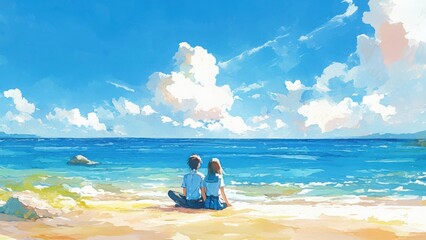 浜辺に座る制服のカップル・夏の海と青空のイラスト