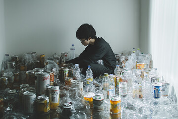 Person surrounded by plastic and canned liquids 