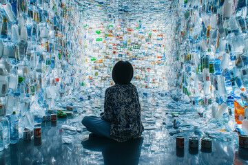 Person surrounded by plastic and canned liquids 