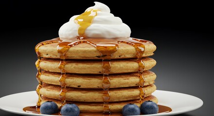 Indulge in this mouthwatering stack of fluffy pancakes, drizzled with golden syrup and topped with whipped cream and blueberries.
