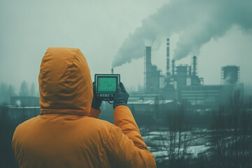 Person measuring the pollution in industrial area 