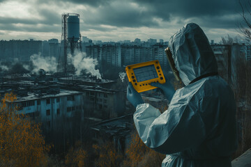 Person measuring the radiation after catastrophic event 
